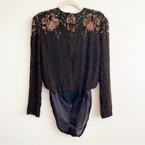 Elegant Vintage beaded bodysuit embellished unique 80s silk floral sequin event - Picture 6 of 16